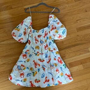 Pink Lily White Mini Dress with Red & Blue Beach Print